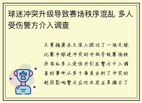 球迷冲突升级导致赛场秩序混乱 多人受伤警方介入调查